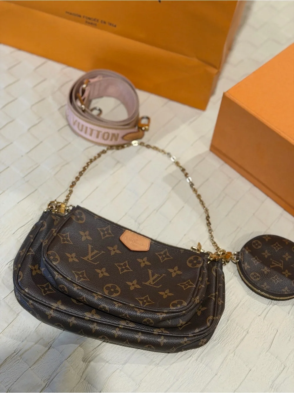 Louis Vuitton Brown Monogram Crossbody with Pink Strap